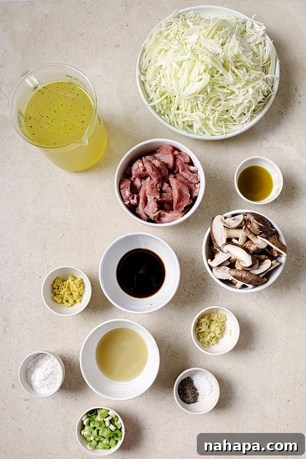 A colorful array of fresh ingredients for hot and sour soup, including sliced pork, mushrooms, cabbage, and aromatics, laid out on a wooden board before cooking.