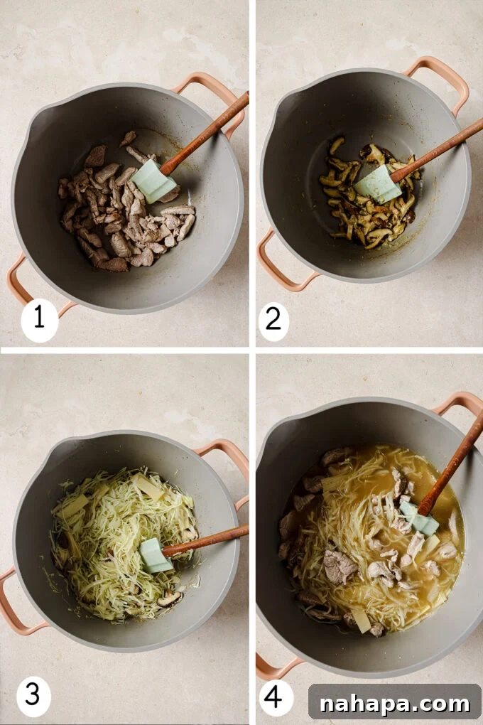 A visual step-by-step collage showing the process of making hot and sour soup, from preparing ingredients to simmering the final dish.