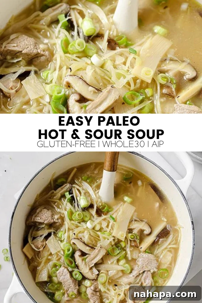 A beautifully presented bowl of Paleo Hot & Sour Soup, showcasing its rich texture and appetizing ingredients, ready to be enjoyed.