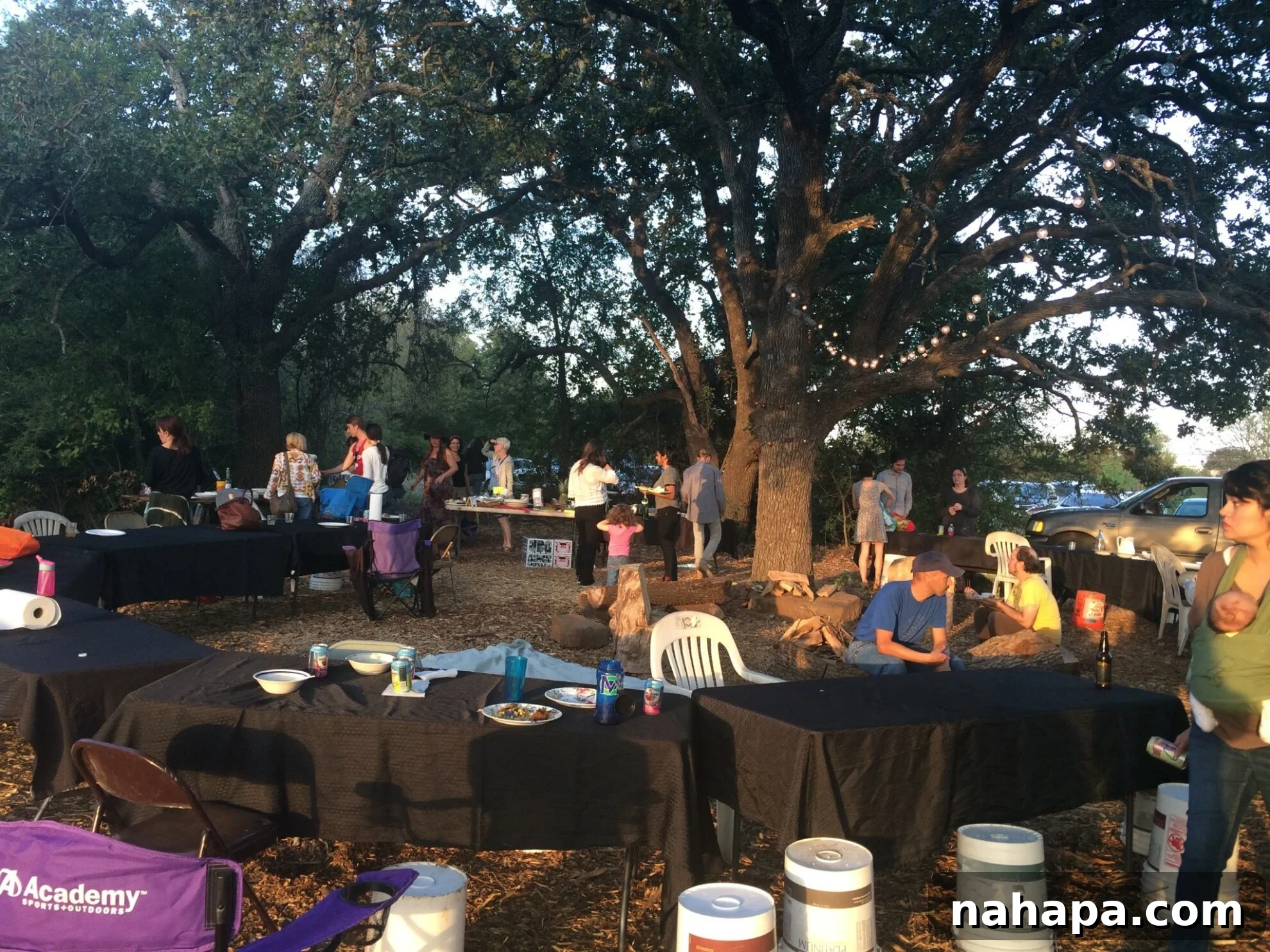 Guests gather at the Johnson's Backyard Garden potluck, enjoying food and conversation amidst the farm setting.