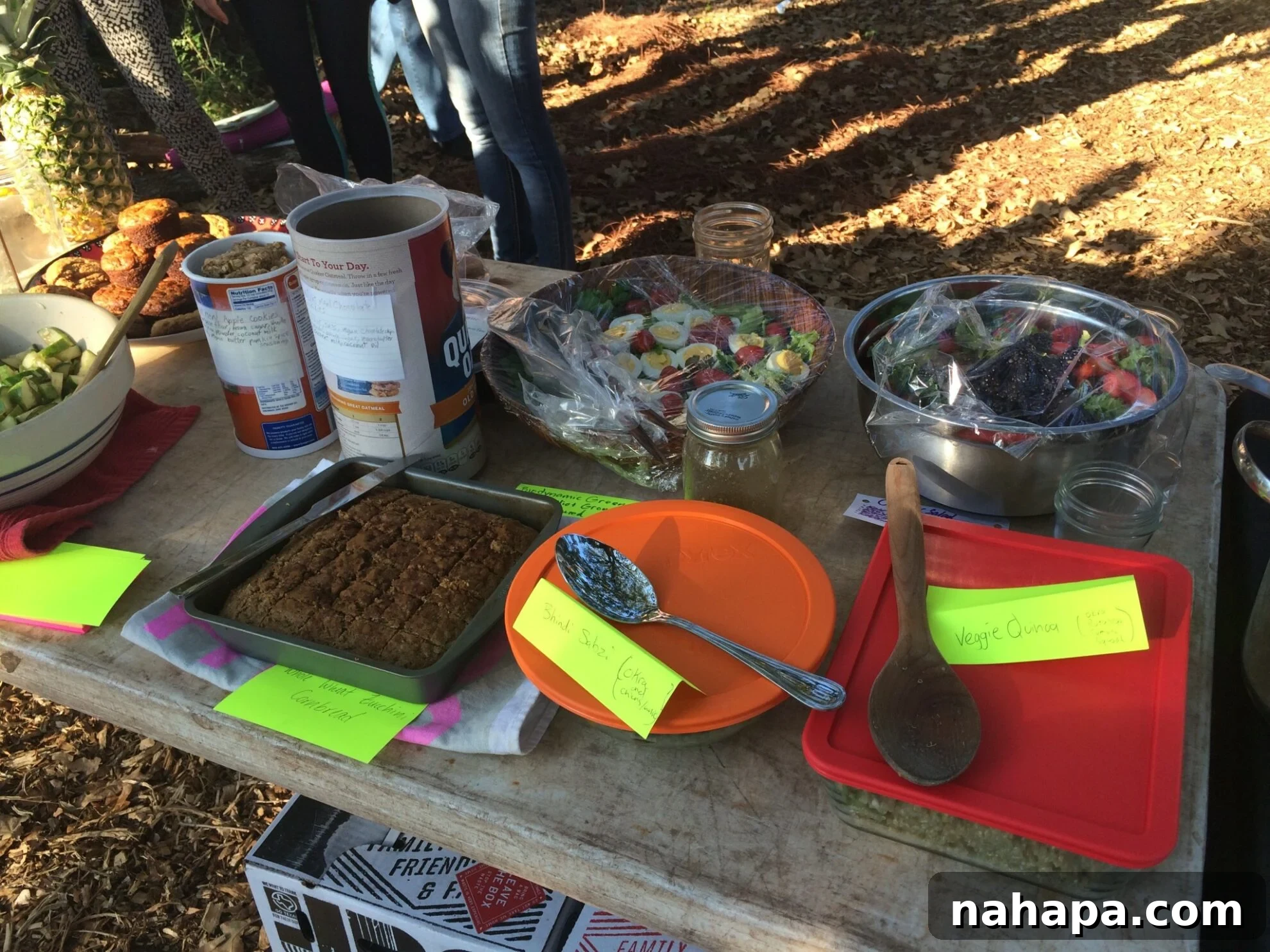 A vibrant display of potluck dishes, featuring a variety of wholesome, homemade foods.