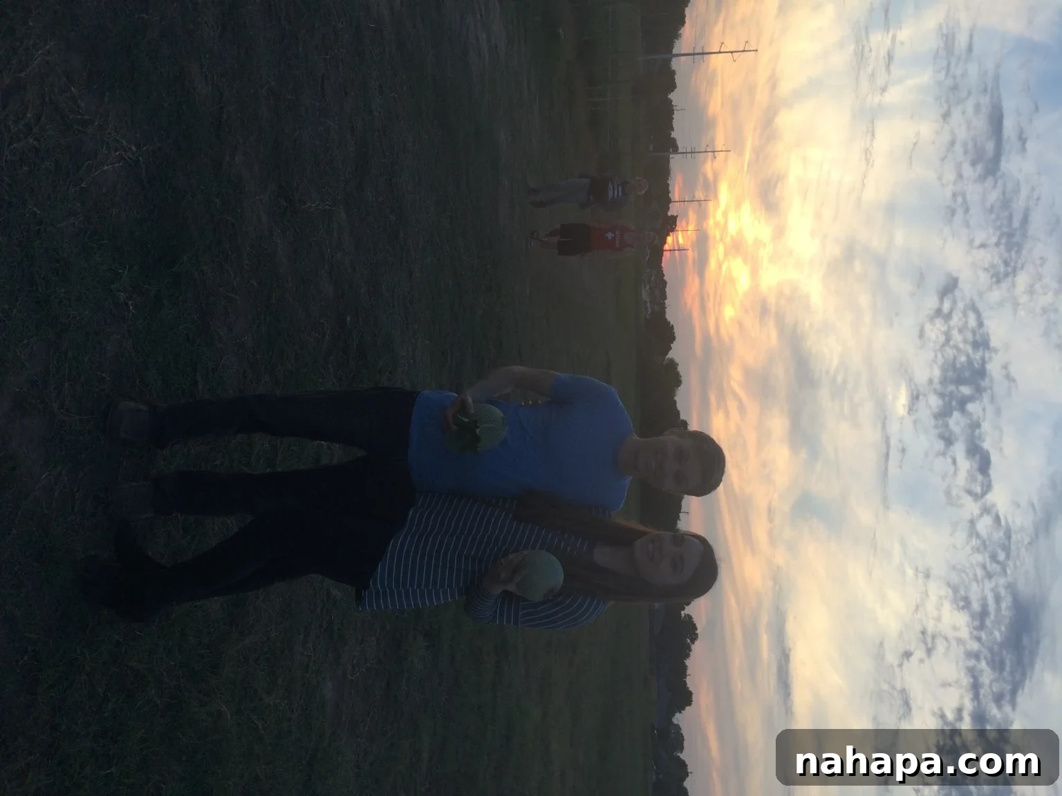 Michelle and Daniel stand together in a field at sunset, sharing a tender moment amidst the natural beauty of the farm.