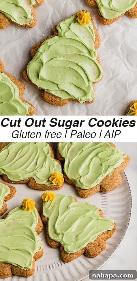 Christmas tree sugar cookie cut outs topped with green icing and text reading "cut out sugar cookies gluten free paleo AIP"