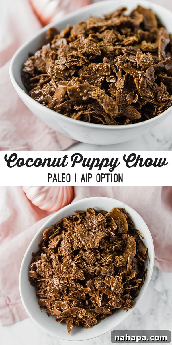 Coconut Puppy Chow, a close-up shot emphasizing the texture and even coating of the treat.