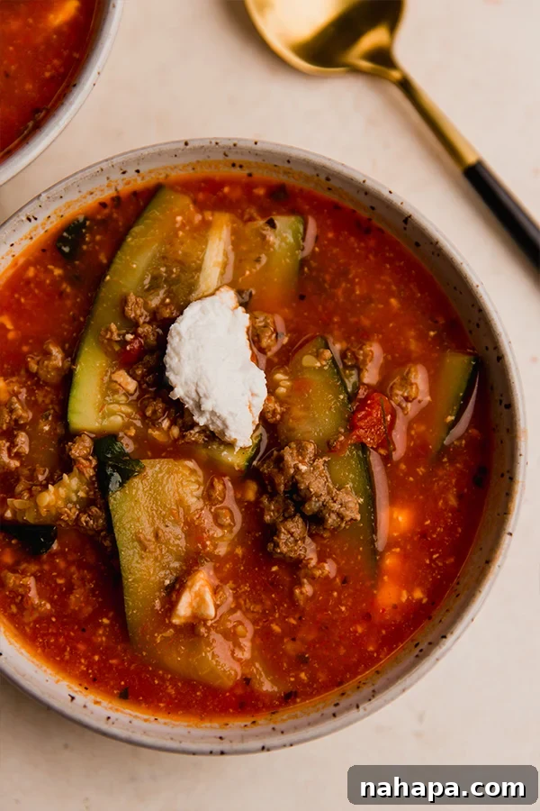 Paleo Lasagna Soup: Clean Eating Comfort 6 Close-up of Paleo Lasagna Soup ready to be served, highlighting its rich texture