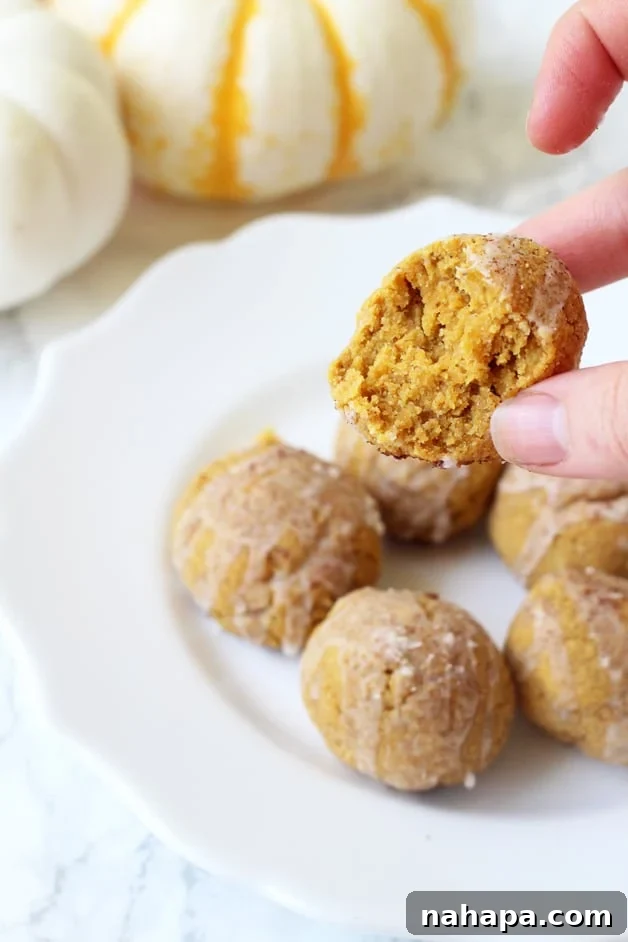 A stack of golden brown Pumpkin Pie Donut Holes, dusted lightly with spices.