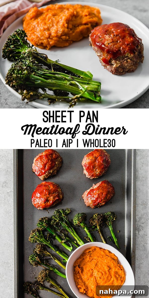 A white plate with mashed sweet potato, roasted broccolini, and slice of meatloaf on it with text reading "sheet pan meatloaf dinner paleo AIP Whole30".
