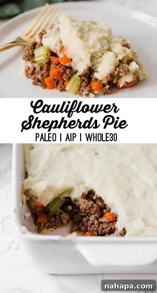 Comforting Cauliflower Shepherds Pie (Paleo, Whole30, AIP) 5 A vibrant image of Cauliflower Shepherd's Pie ready to be shared on Pinterest, highlighting its Paleo, AIP, and Whole30 compliance.