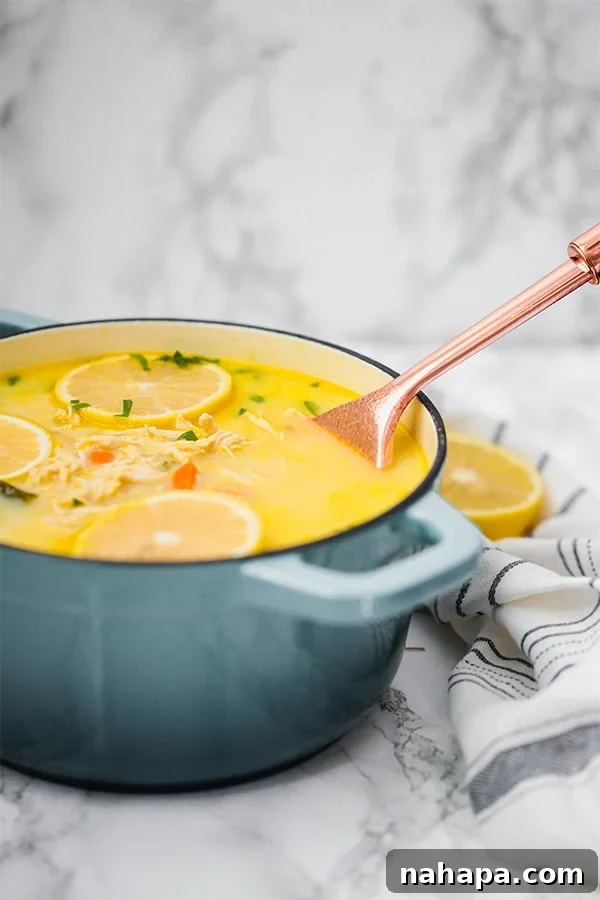 My 2018 Recap: Reader Favorites and Personal Reflections 7 A blue Dutch oven filled with a batch of Greek chicken soup topped with lemon slices and a metal spoon stirring it.
