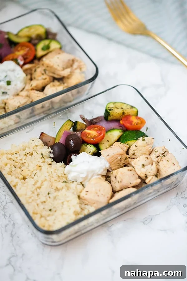 My 2018 Recap: Reader Favorites and Personal Reflections 8 A glass meal prep container of chicken, cauliflower rice, and roasted veggies.
