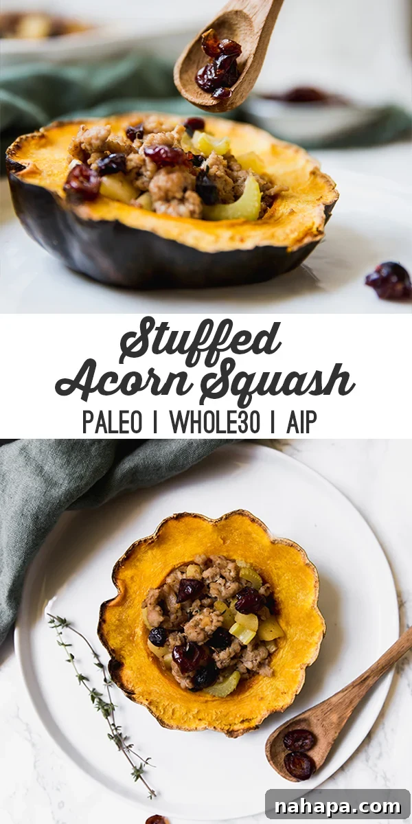 Paleo Whole30 AIP Stuffed Acorn Squash 6 A beautifully styled image of a finished stuffed acorn squash dish, perfect for sharing on social media.
