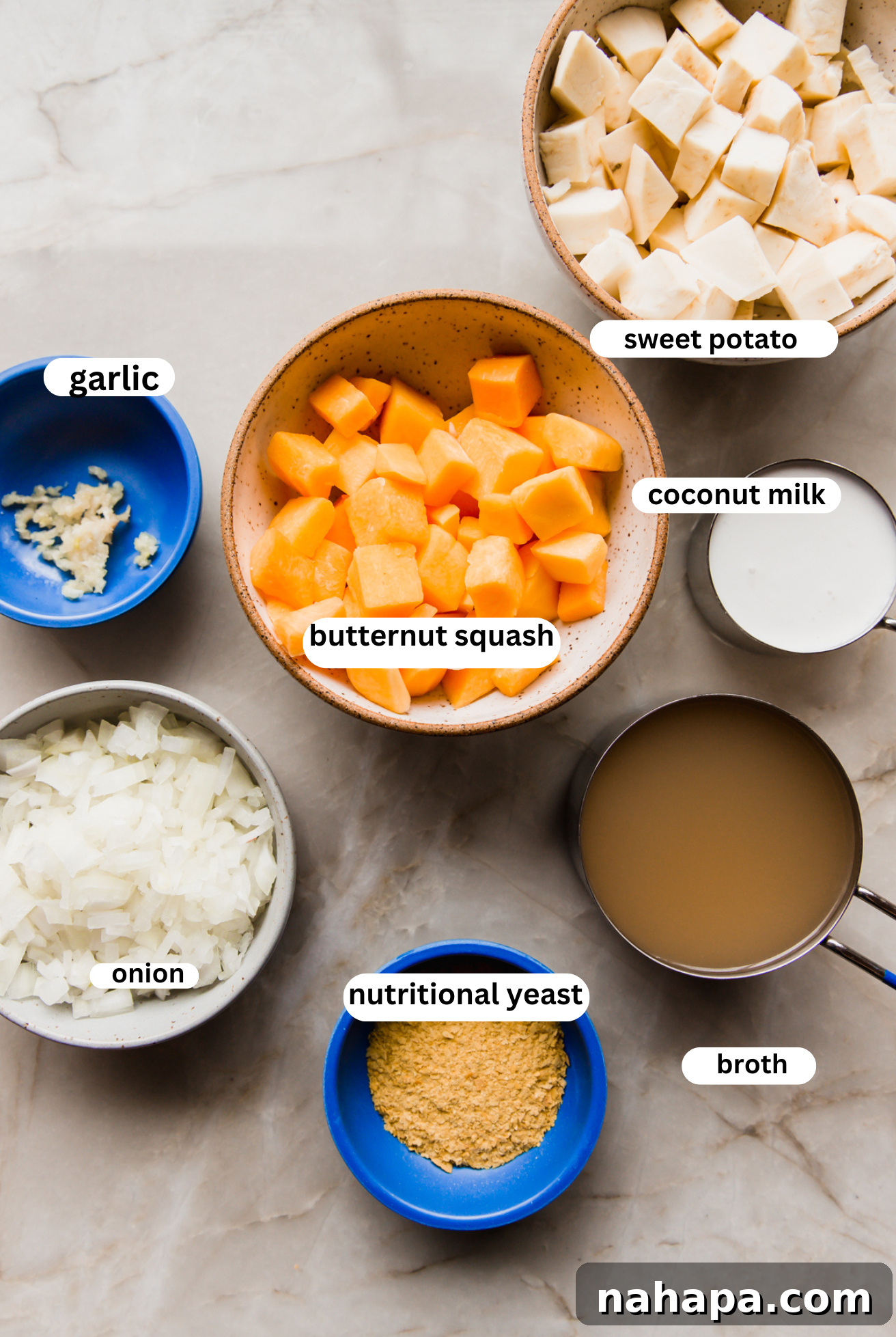 Creamy Cashew-Free Vegan Queso 3 Dairy free queso ingredients in seperate bowls.