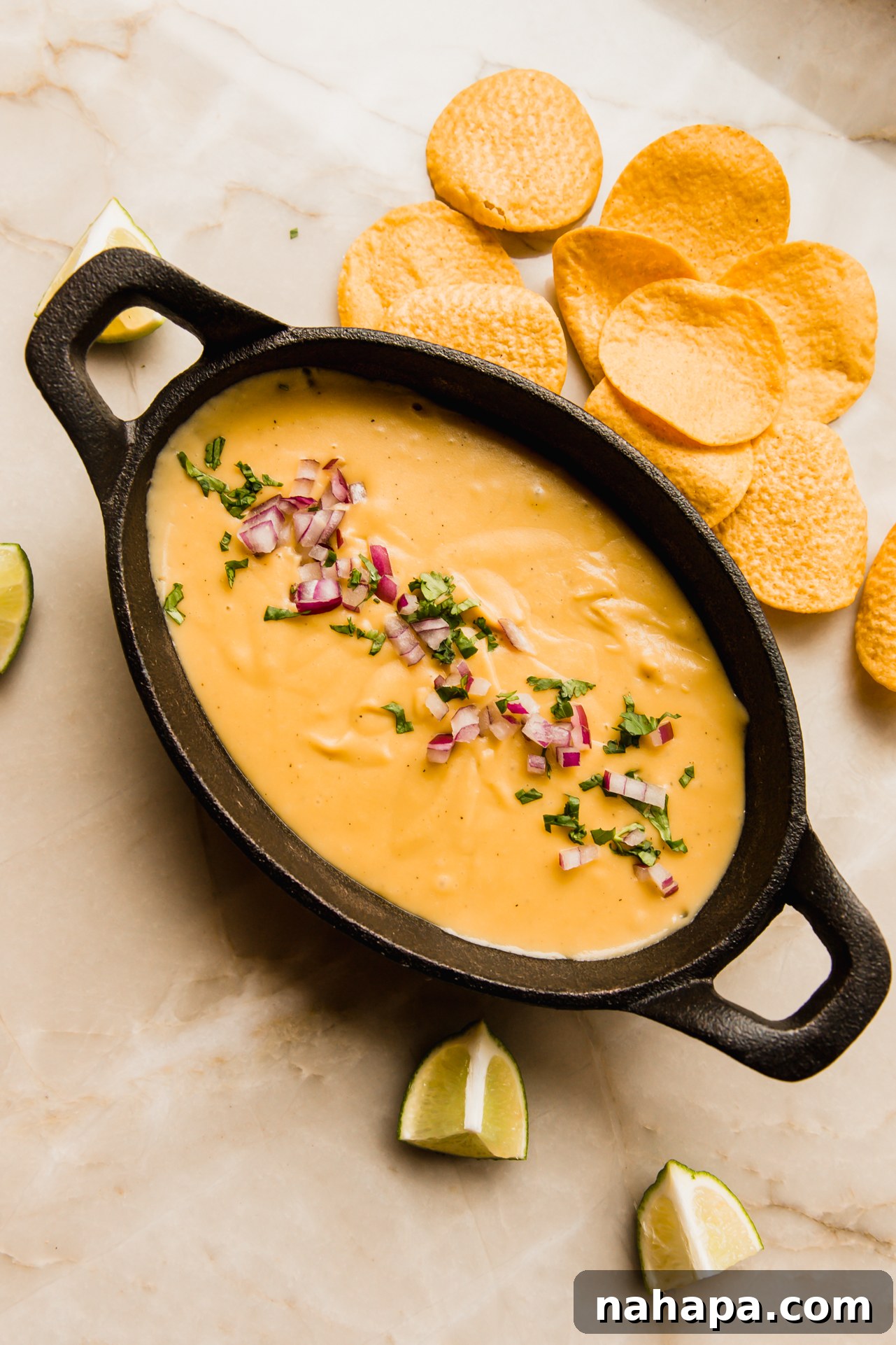 Creamy Cashew-Free Vegan Queso 8 Vegan queso in a serving dish topped with red onion and cilantro.
