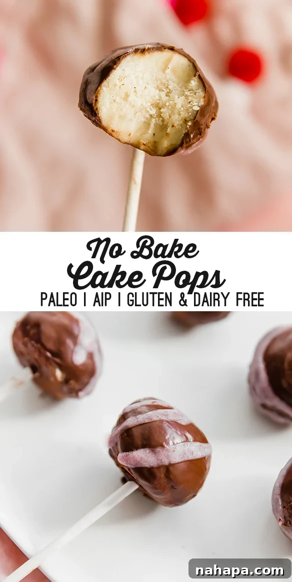 AIP and Gluten-Free No-Bake Paleo Cake Pops 5 Pinterest graphic for no bake cake pops, highlighting them as gluten-free, soy-free, paleo, and AIP compliant treats.