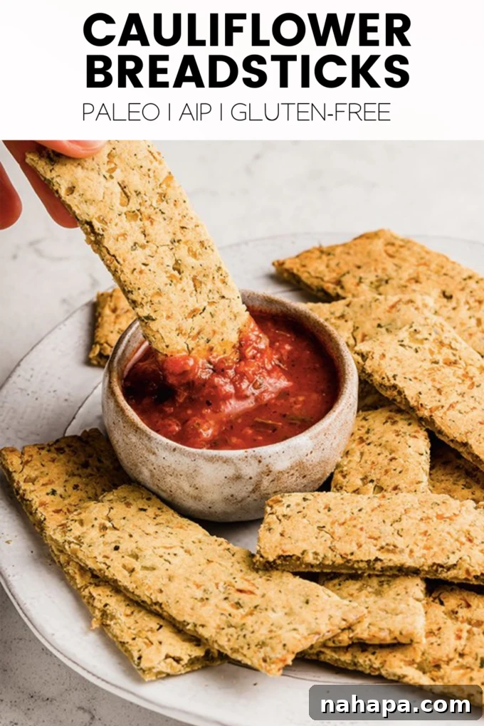 Grain-Free and Dairy-Free Cauliflower Breadsticks: Paleo and AIP Compliant 8 An inviting overhead shot of delicious cauliflower breadsticks, perfectly golden and ready to be enjoyed.