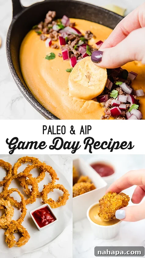 A vibrant spread of game day appetizers, featuring colorful dips, fresh vegetables, and various finger foods, all adhering to paleo and AIP guidelines.