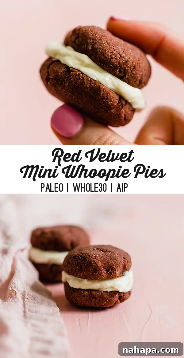 A top-down shot of a Red Velvet Whoopie Pie, showing its vibrant red color and creamy filling, ready to be enjoyed.