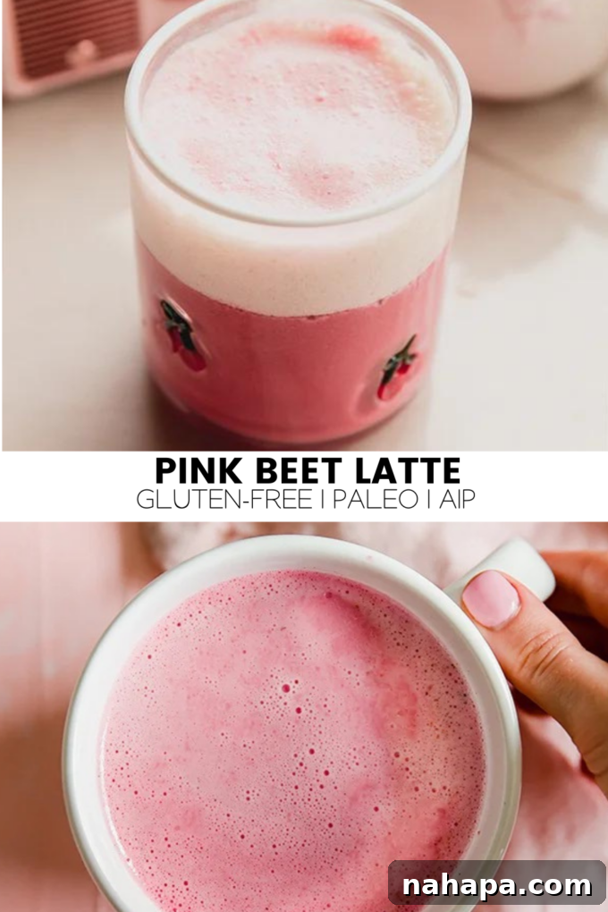 A beautifully composed shot of a Pink Beet Latte in a clear glass mug on a light background, surrounded by whole and sliced beets, highlighting its fresh and natural ingredients.