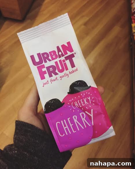 A package of Urban Fruit baked cherries, an excellent and naturally sweet AIP-compliant travel snack found in London Heathrow.