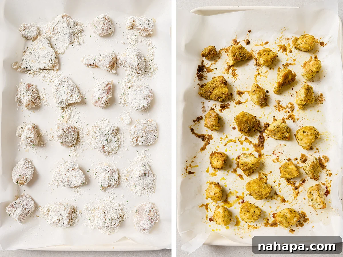 Chicken nuggets being coated with breading mixture