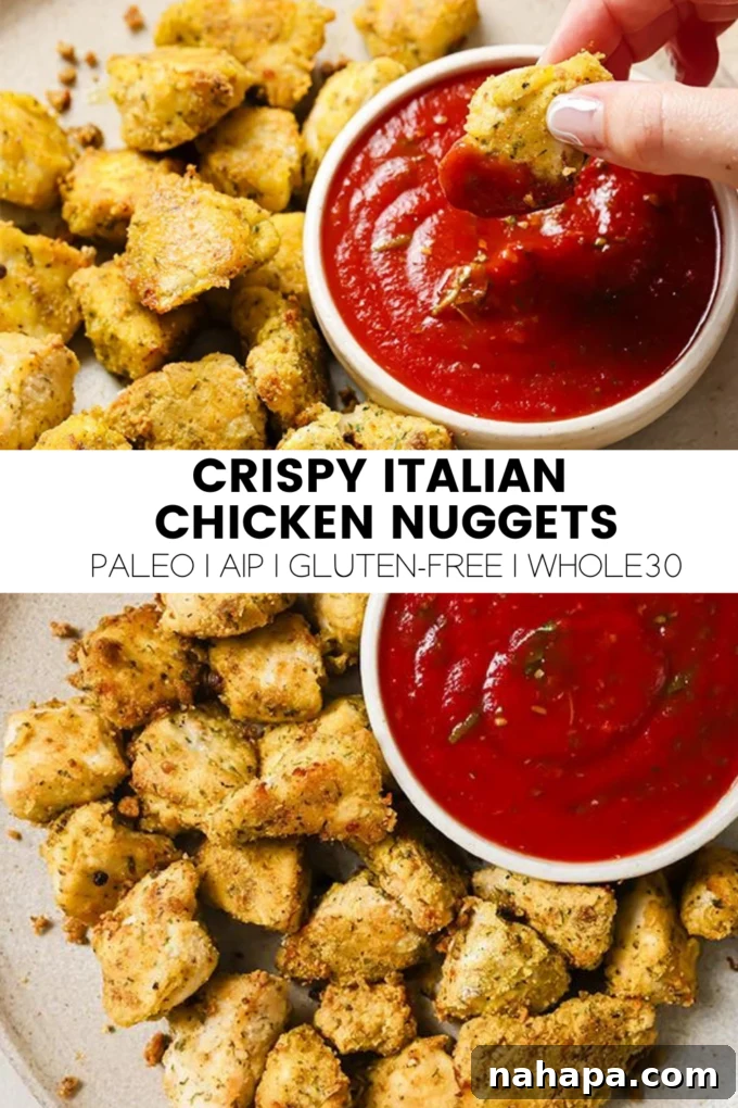 A final shot of golden-brown Crispy Italian Chicken Nuggets on a plate, ready to be enjoyed as a healthy and flavorful meal option.
