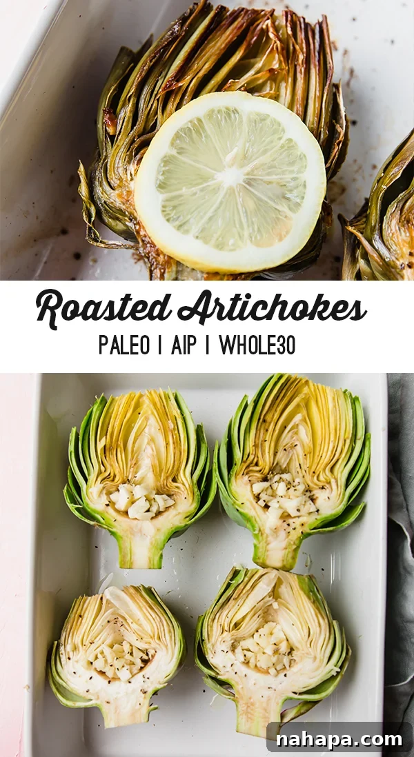 Pinterest pin graphic for baked artichokes
