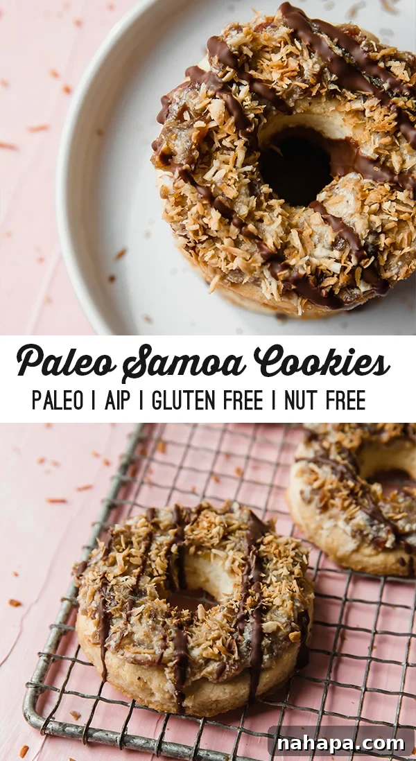 A wire rack with three samoas resting on it topped with chocolate and coconut with text reading "paleo samoa cookies paleo aip gluten free nut free"