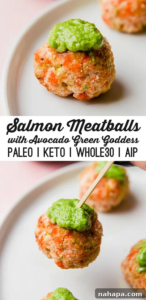Salmon meatballs with avocado green goddess 