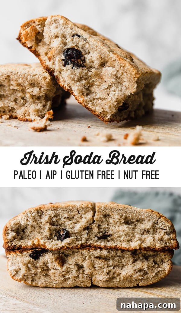 A stunning Pinterest-friendly image of the Paleo Irish Soda Bread, with a few slices cut and ready to be served, perfect for sharing on social media.