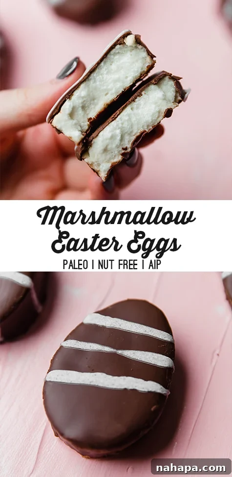 Pin graphic for Marshmallow Easter Eggs, featuring a plate of chocolate-covered, naturally colored eggs.