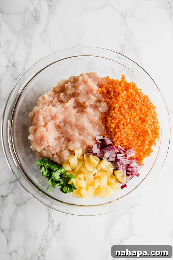 Individual ingredients laid out for Pineapple Chicken Poppers recipe