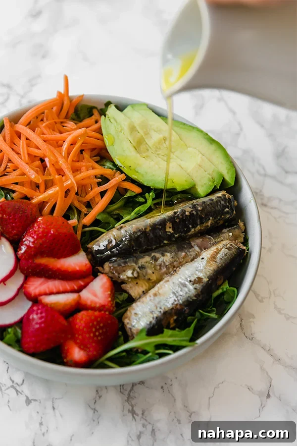 A vibrant sardine salad, showcasing how delicious and easy sardines can be to incorporate into a healthy meal.