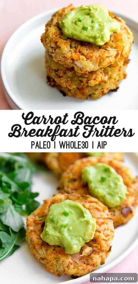Delicious Carrot Bacon Fritters Paleo Whole30 AIP 6 A visually appealing pin image for Carrot Bacon Breakfast Fritters, showcasing the finished dish with a text overlay about it being paleo, whole30, egg-free, and AIP.