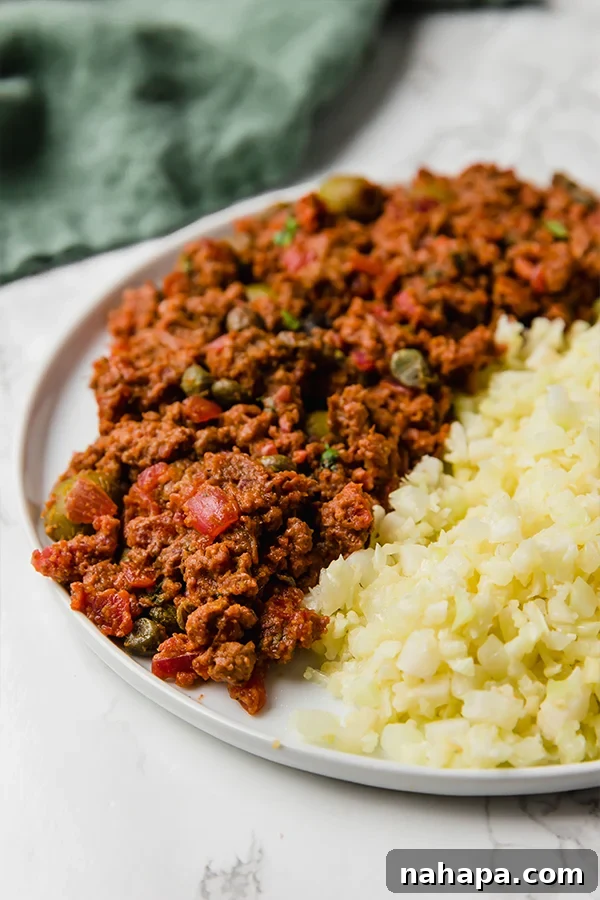 A delicious bowl of Cuban Picadillo, ready to be enjoyed.