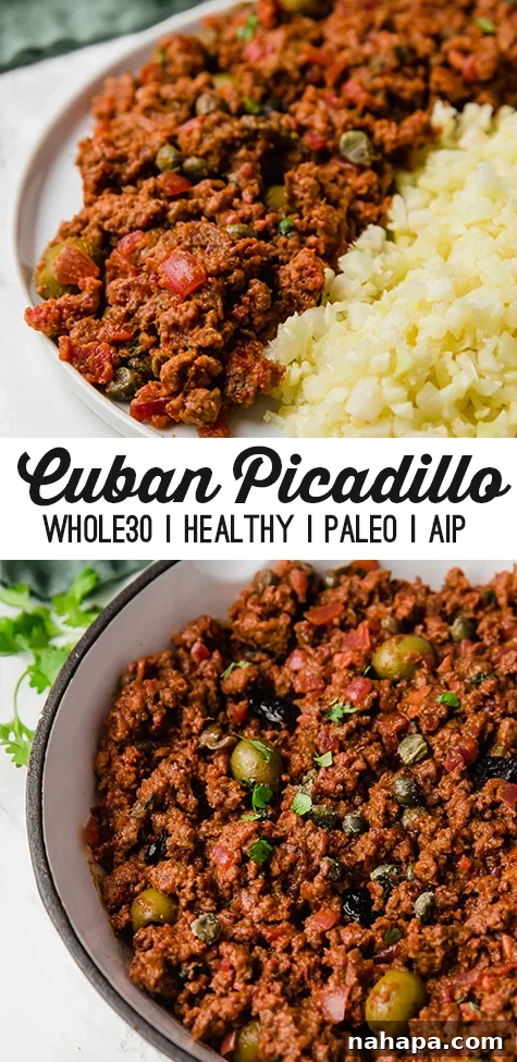 Pin-friendly image for Cuban Picadillo, showing the dish in a rustic setting.