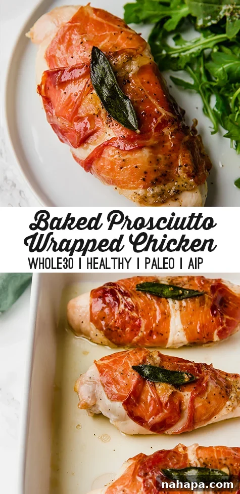 Plated prosciutto wrapped chicken with a vibrant side salad