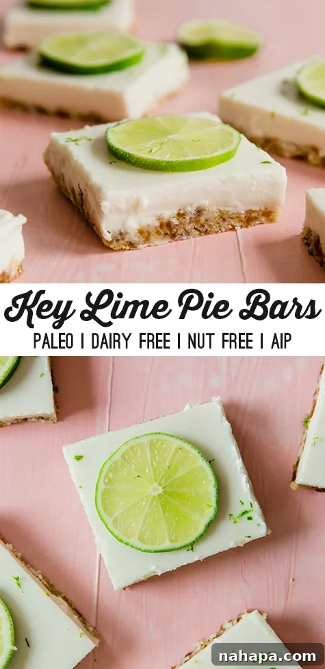 Paleo Key Lime Pie Bars recipe pin graphic, showing an an appetizing overhead shot of multiple bars with fresh lime slices and zest