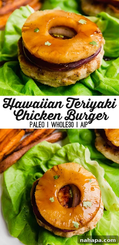 Paleo Whole30 AIP Tropical Teriyaki Chicken Burgers 8 Hawaiian Teriyaki Chicken Burger with a pineapple slice and lettuce bun, ready to be enjoyed.