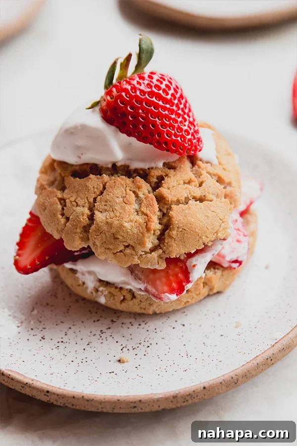 Beautifully assembled Paleo Strawberry Shortcake with layers of cake, strawberries, and coconut cream.