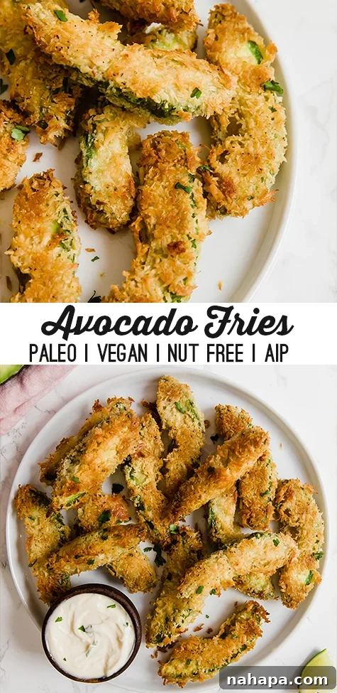 A Pinterest-friendly vertical image of crispy avocado fries served with a dipping sauce, featuring text overlay for Paleo, AIP, Vegan diets