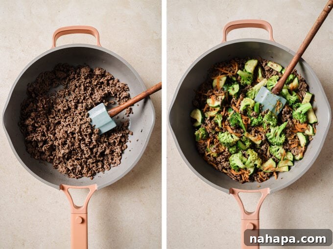 Photos of the ground beef before and after adding in the vegetables. 