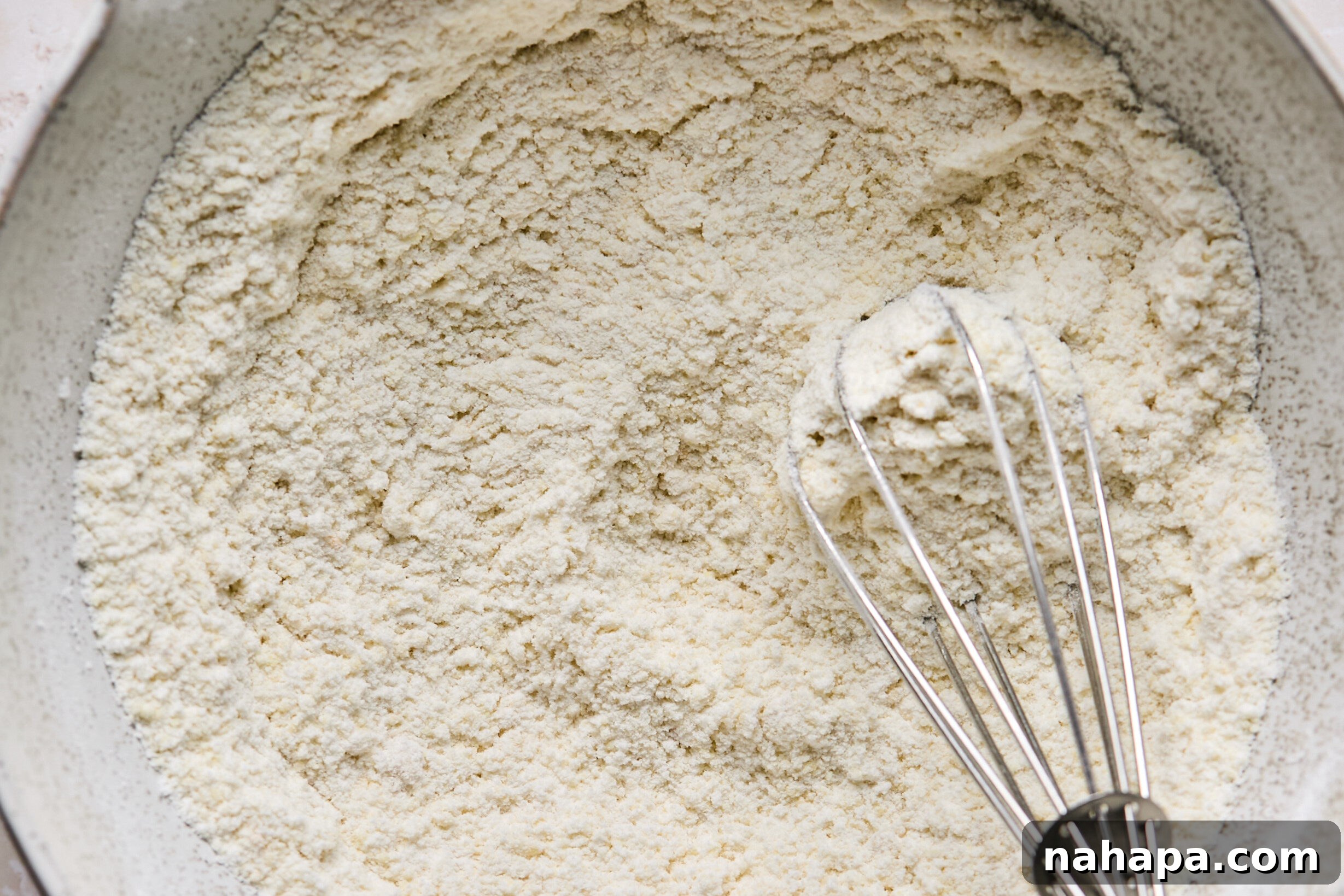 Dry ingredients for sugar cookie being whisked in a bowl.