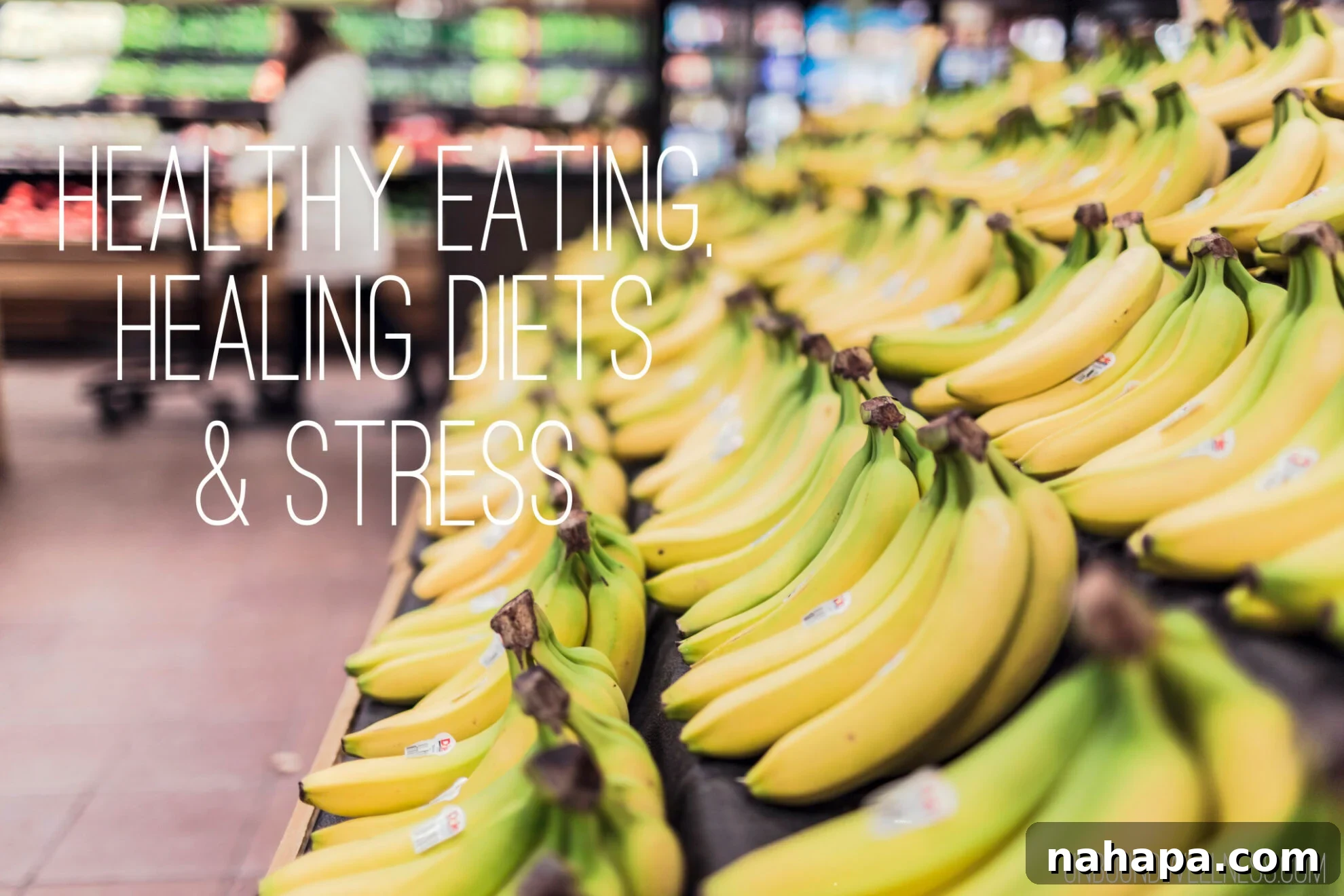 A vibrant display of fresh bananas at the grocery store, symbolizing healthy food choices.