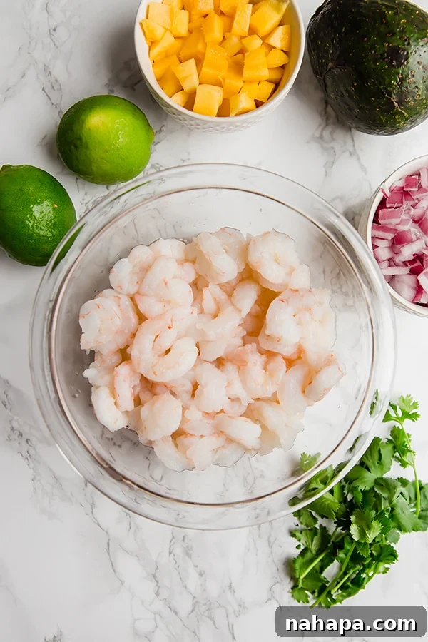 Ingredients for mango shrimp ceviche artfully arranged: mango, shrimp, avocado, red onion, cilantro, limes.