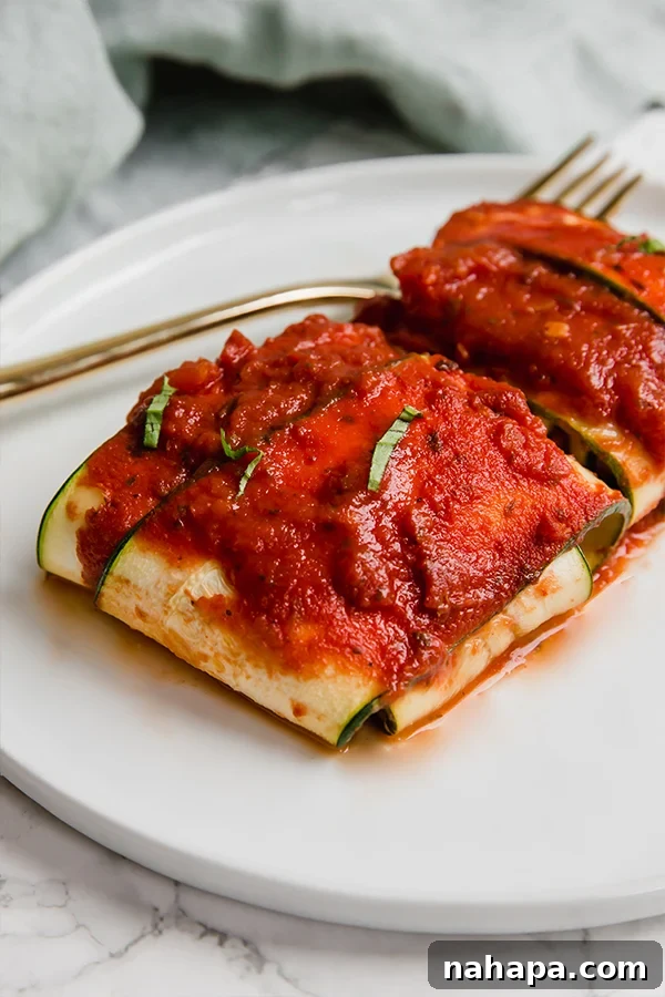 Wholesome Zucchini Ravioli Paleo Keto Vegan Delight 2 Delicious Zucchini Ravioli with a creamy cauliflower cheese filling, garnished with fresh herbs and marinara sauce.