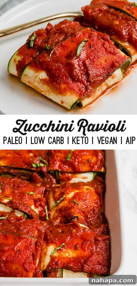 Wholesome Zucchini Ravioli Paleo Keto Vegan Delight 7 A visually appealing pin graphic for Zucchini Ravioli, highlighting its health benefits as a Paleo, Keto, AIP, and Vegan friendly dish.