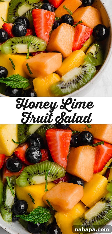 honey lime mint fruit salad pin image