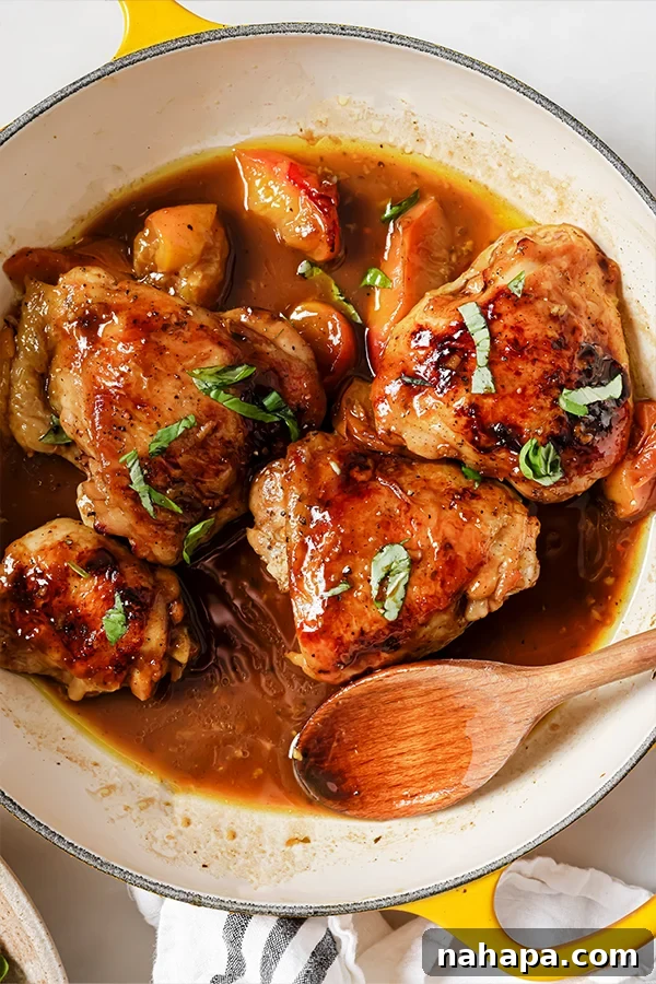 Another view of the delicious One Pan Balsamic Peach Chicken Thighs ready to be served
