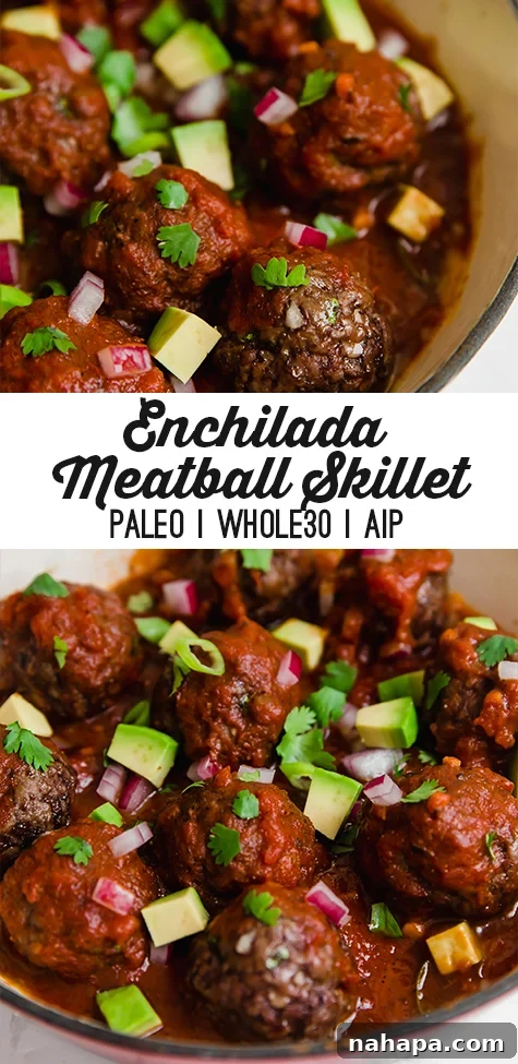 A top-down view of the Enchilada Meatball Skillet, showcasing its rich texture and inviting presentation.