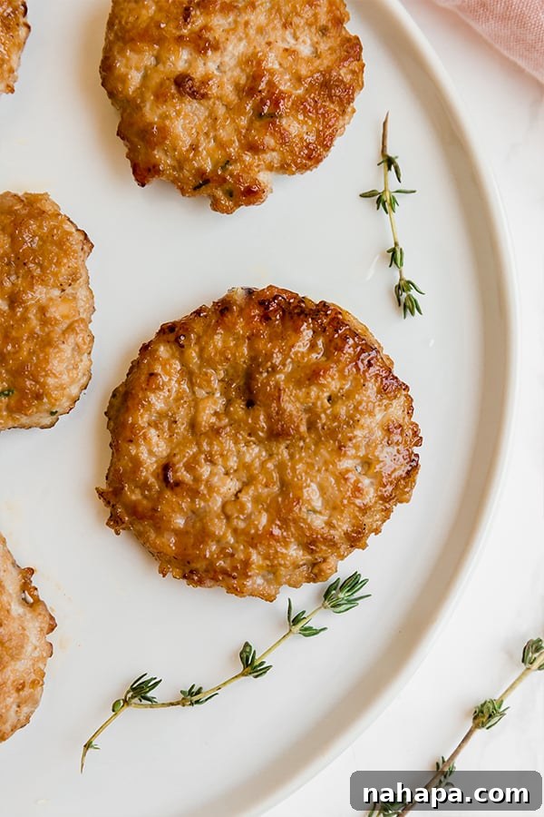 A white plate with turkey maple breakfast sausages on top, garnished with fresh herbs.